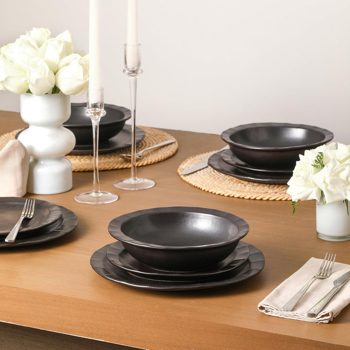 Stone Lain Oasis Stoneware 24 Piece Dinnerware Dish Set, Service for 8, Black