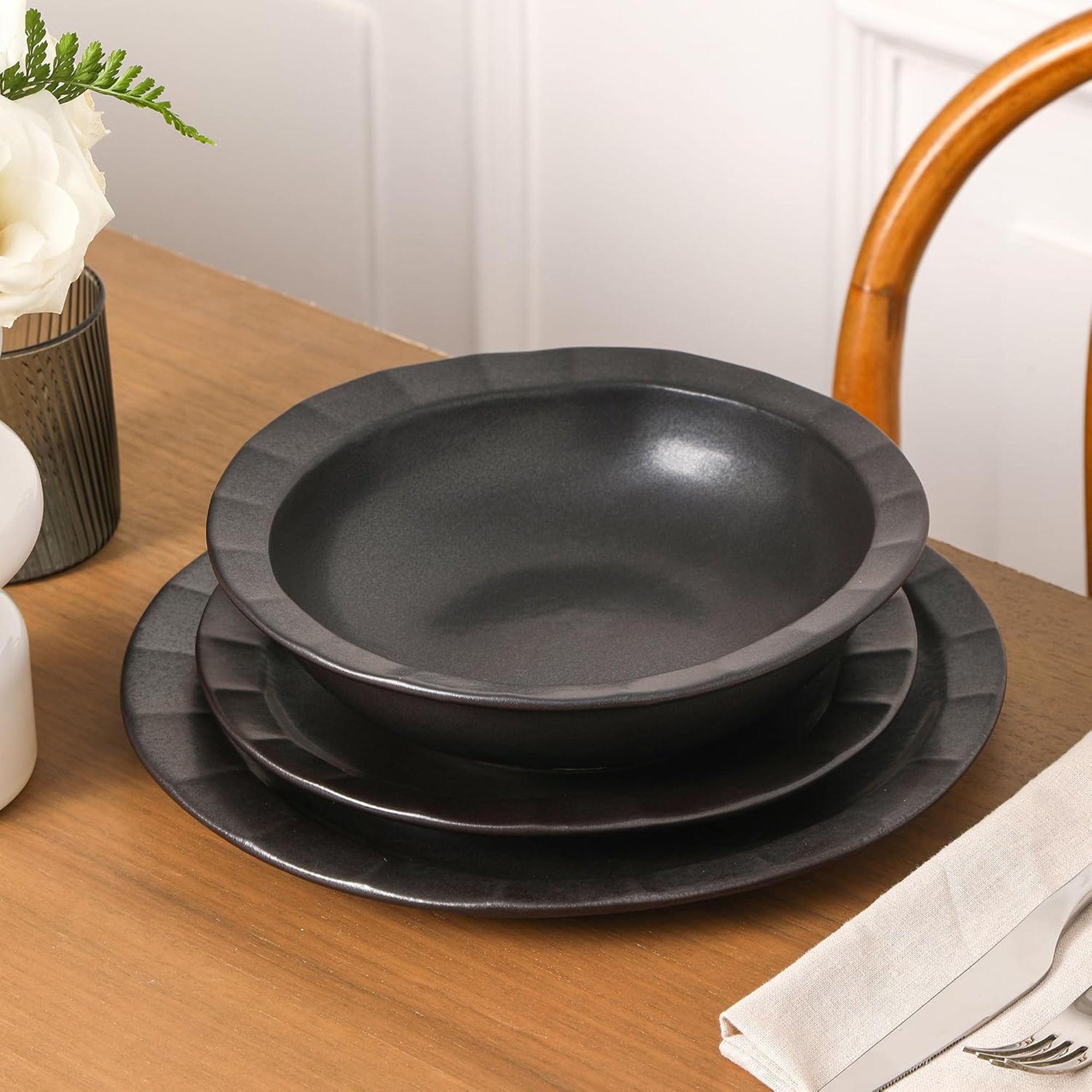 Stone Lain Oasis Stoneware 24 Piece Dinnerware Dish Set, Service for 8, Black - VMInnovations