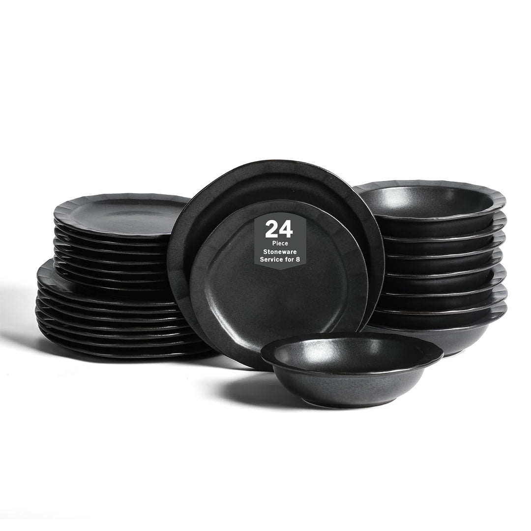 Stone Lain Oasis Stoneware 24 Piece Dinnerware Dish Set, Service for 8, Black