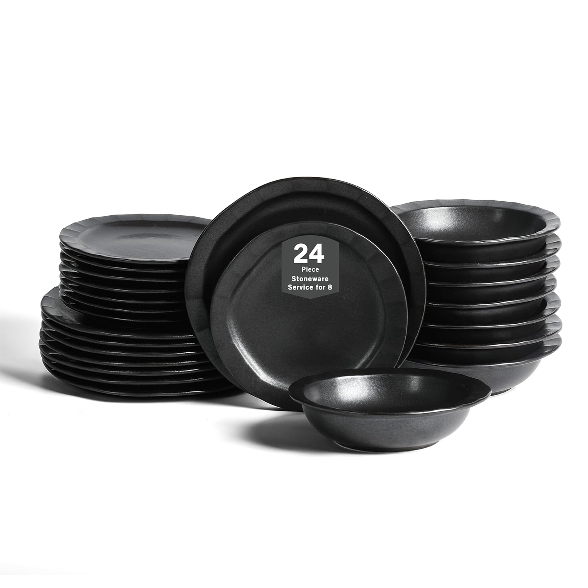 Stone Lain Oasis Stoneware 24 Piece Dinnerware Dish Set, Service for 8, Black - VMInnovations
