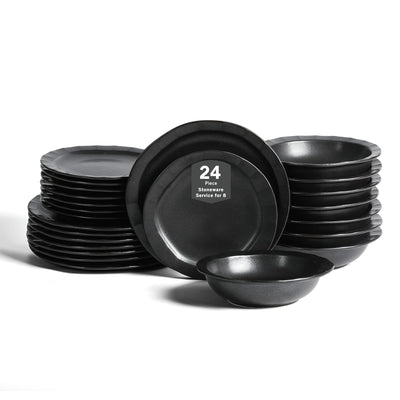 Stone Lain Oasis Stoneware 24 Piece Dinnerware Dish Set, Service for 8, Black - VMInnovations