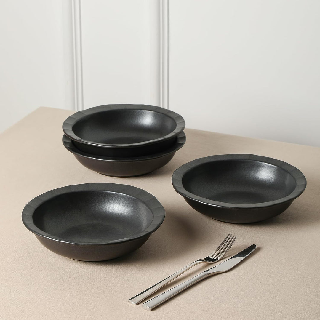 Stone Lain Oasis Stoneware 4 Piece Pasta Bowl Dish Set - Serving Dishes, Black