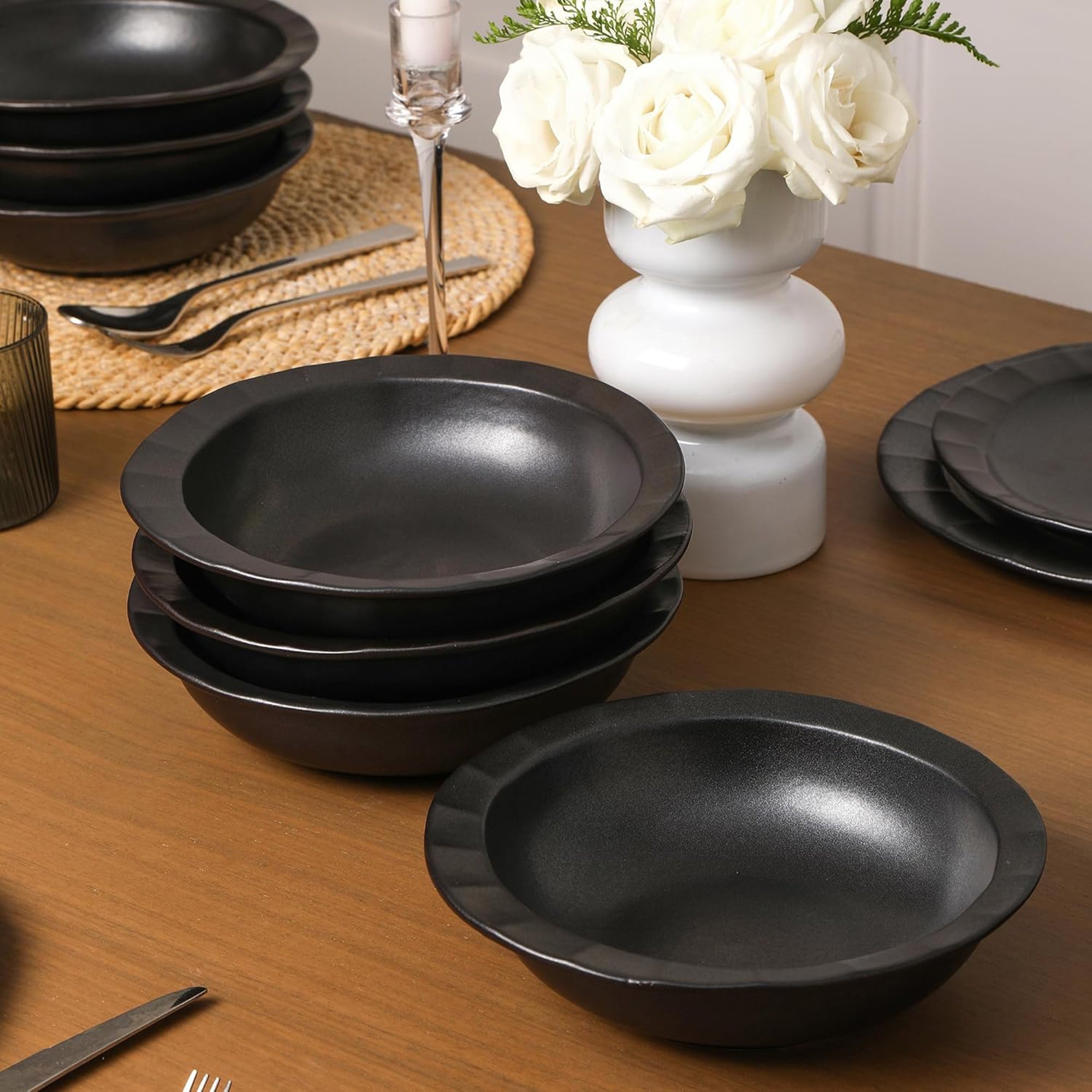 Stone Lain Oasis Stoneware 4 Piece Pasta Bowl Dish Set - Serving Dishes, Black - VMInnovations