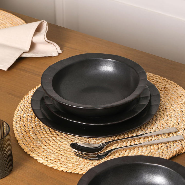 Stone Lain Oasis Stoneware 4 Piece Pasta Bowl Dish Set - Serving Dishes, Black