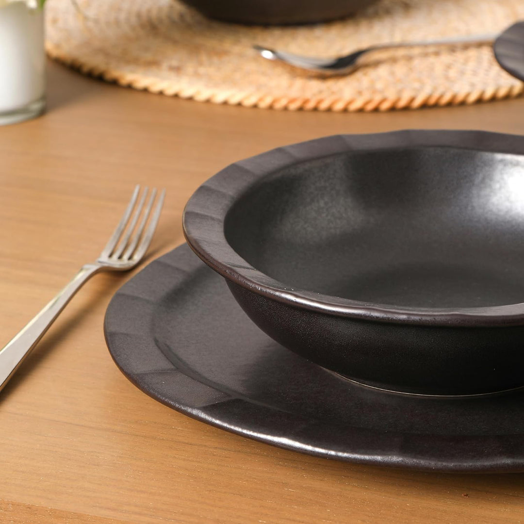 Stone Lain Oasis Stoneware 4 Piece Pasta Bowl Dish Set - Serving Dishes, Black