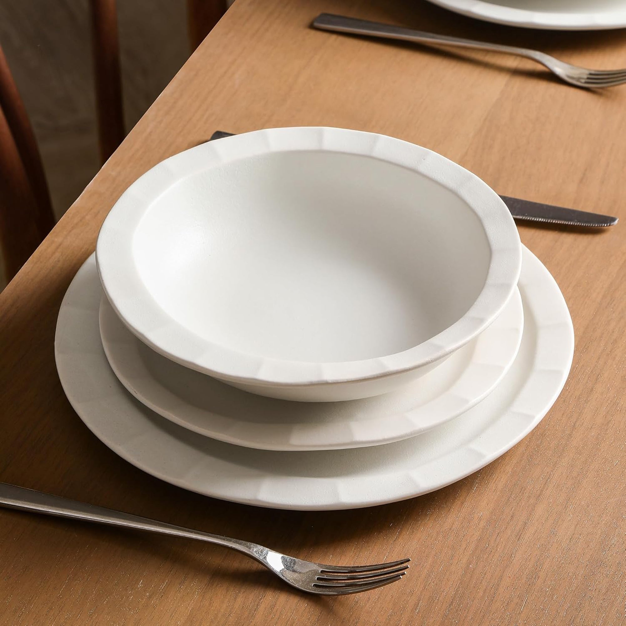 Stone Lain Oasis Stoneware 24 Piece Dinnerware Dish Set, Service for 8, White - VMInnovations