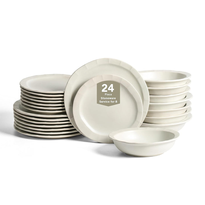 Stone Lain Oasis Stoneware 24 Piece Dinnerware Dish Set, Service for 8, White