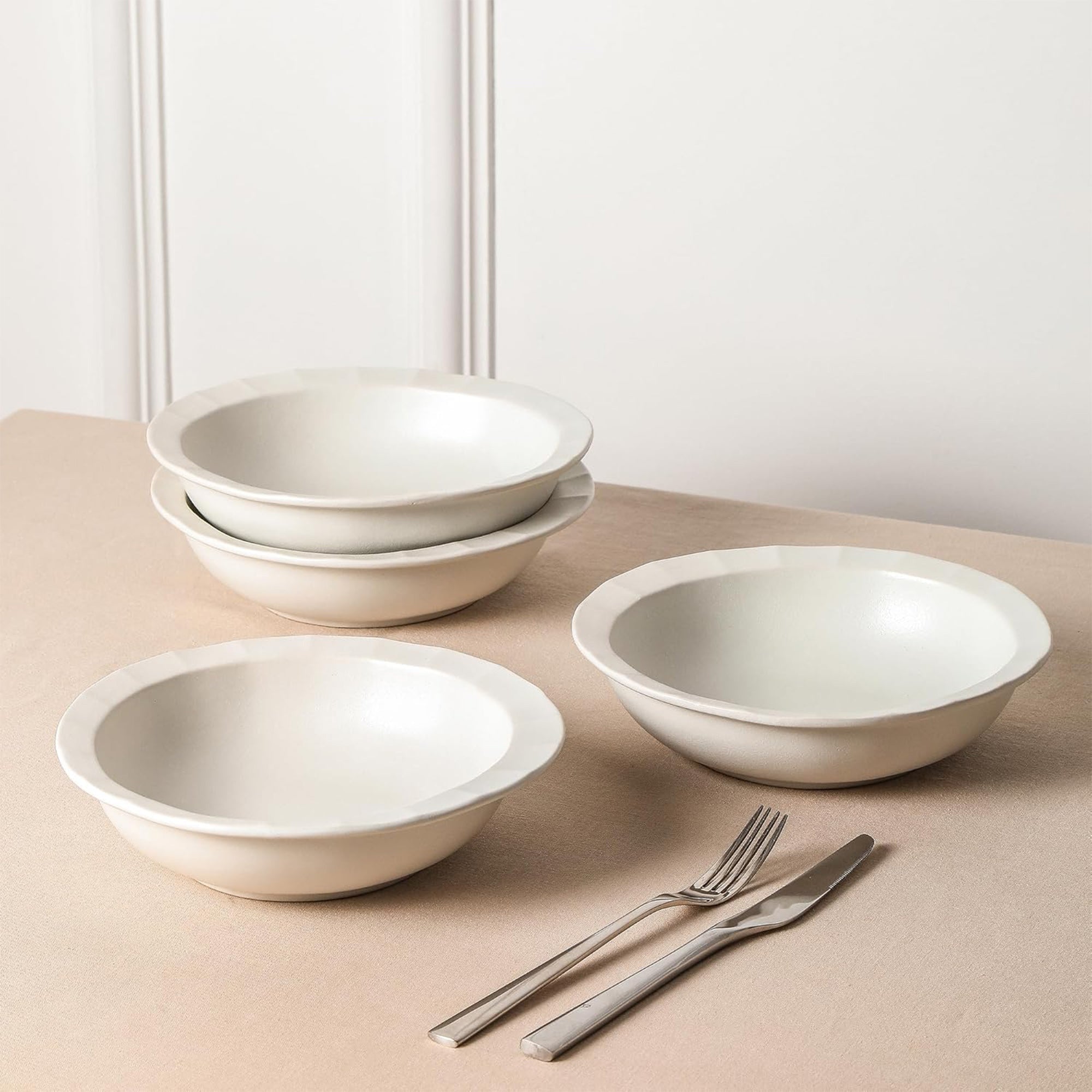 Stone Lain Oasis Stoneware 4 Piece Pasta Bowl Dish Set Serving Dishes, White - VMInnovations