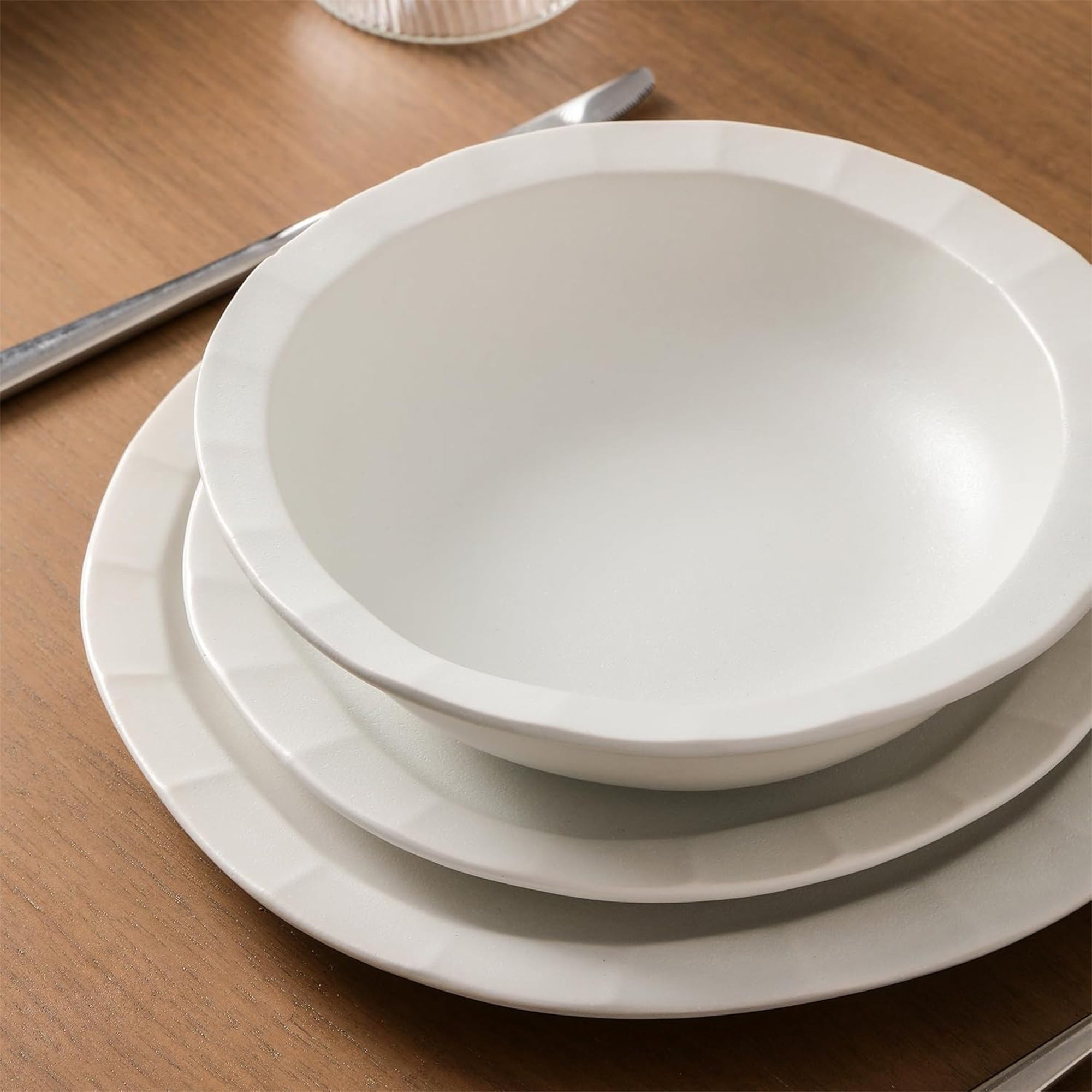 Stone Lain Oasis Stoneware 4 Piece Pasta Bowl Dish Set Serving Dishes, White - VMInnovations