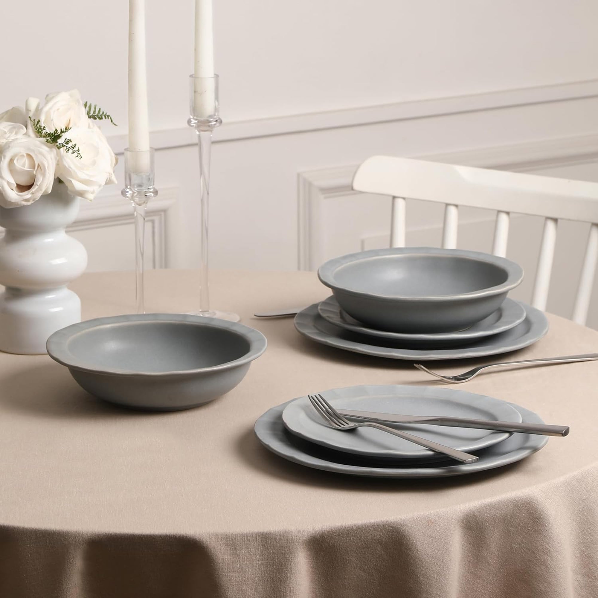 Stone Lain Oasis Stoneware 4 Piece Pasta Bowl Dish Set Serving Dishes, Grey Blue - VMInnovations