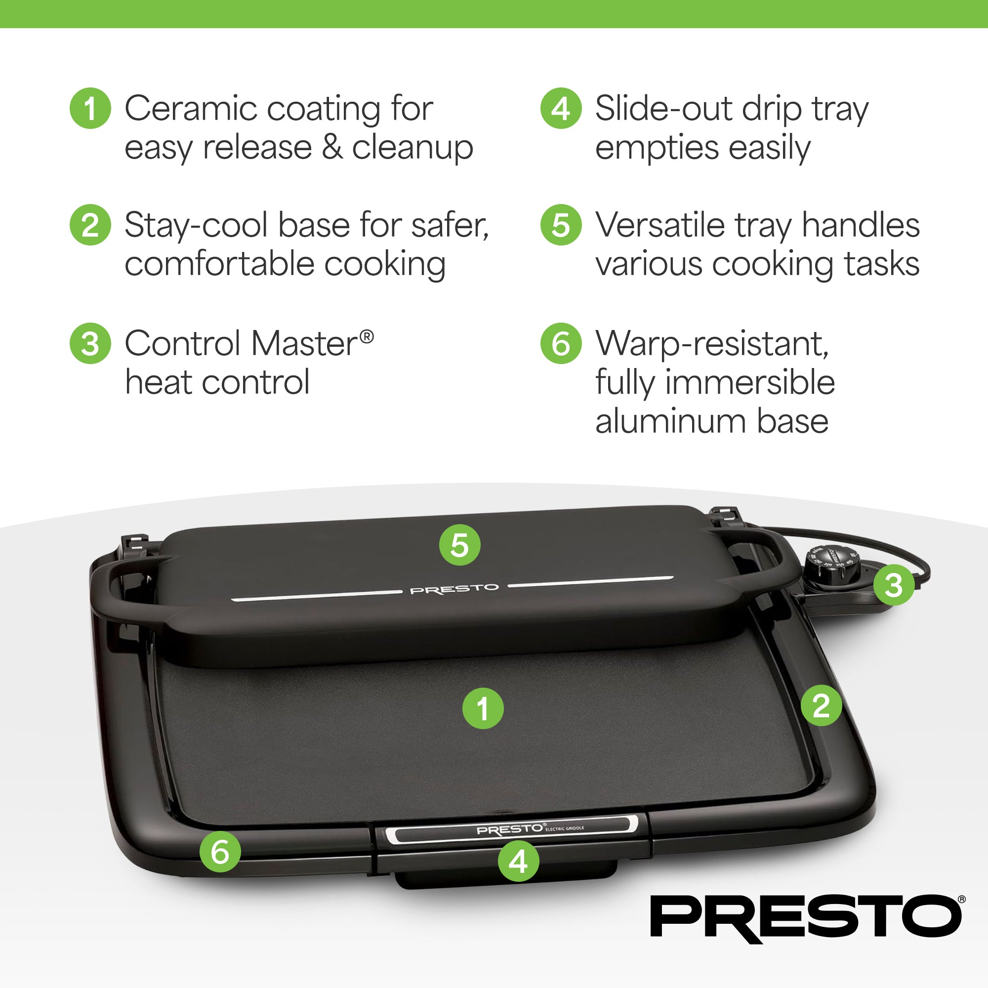 Presto XL Cool-Touch Electric Griddle w Warming Tray, Ceramic Nonstick(Open Box) - VMInnovations
