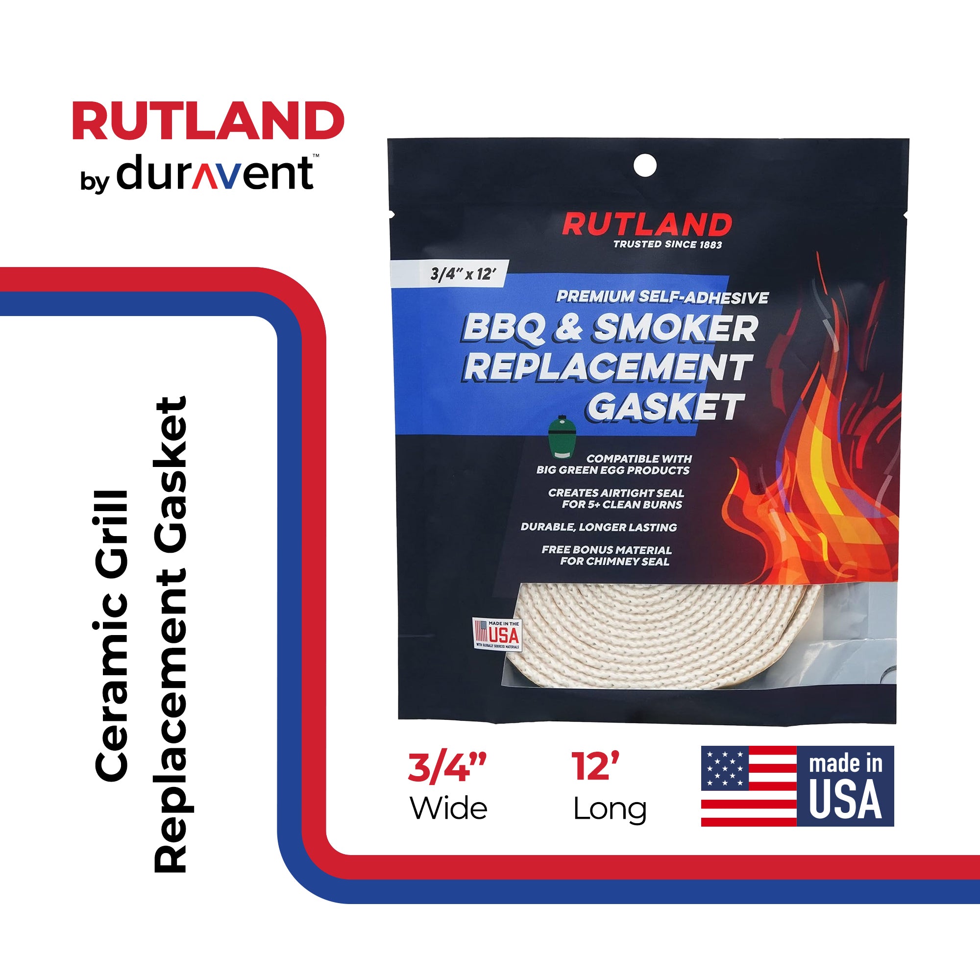 Rutland Replacement Gasket for Big Green Egg, High-Temperature Clean Burn, 12'