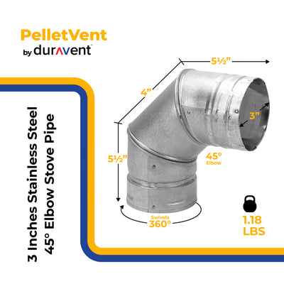 DuraVent PelletVent 3 Inches Stainless Steel 90 Degree Elbow Stove Pipe, Grey - VMInnovations