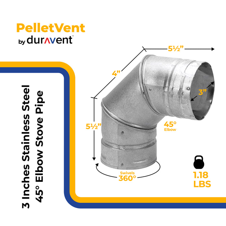 DuraVent PelletVent 3 Inches Stainless Steel 90 Degree Elbow Stove Pipe, Grey - VMInnovations