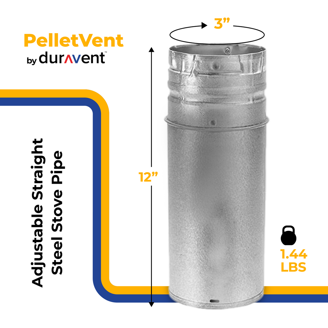 DuraVent PelletVent 12" L x 3" Diameter Adjustable Straight Steel Stove Pipe - VMInnovations