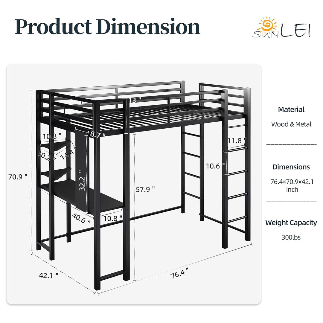 SUNLEI Twin Loft Bed w/Desk & 2 Built-in Drawers, Metal Bed Frame (For Parts)