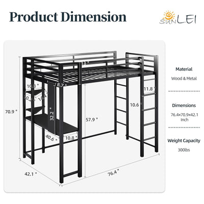 SUNLEI Twin Loft Bed w/Desk & 2 Built-in Drawers, Metal Bed Frame, Black(Used) - VMInnovations