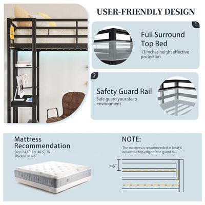 SUNLEI Twin Loft Bed w/Desk & 2 Built-in Drawers, Metal Bed Frame, Black(Used) - VMInnovations