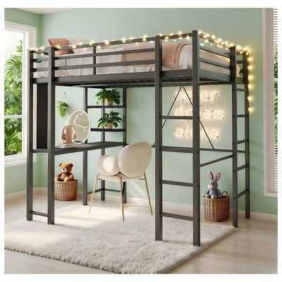 SUNLEI Twin Loft Bed w/Desk & 2 Built-in Drawers, Metal Bed Frame, Black(Used) - VMInnovations