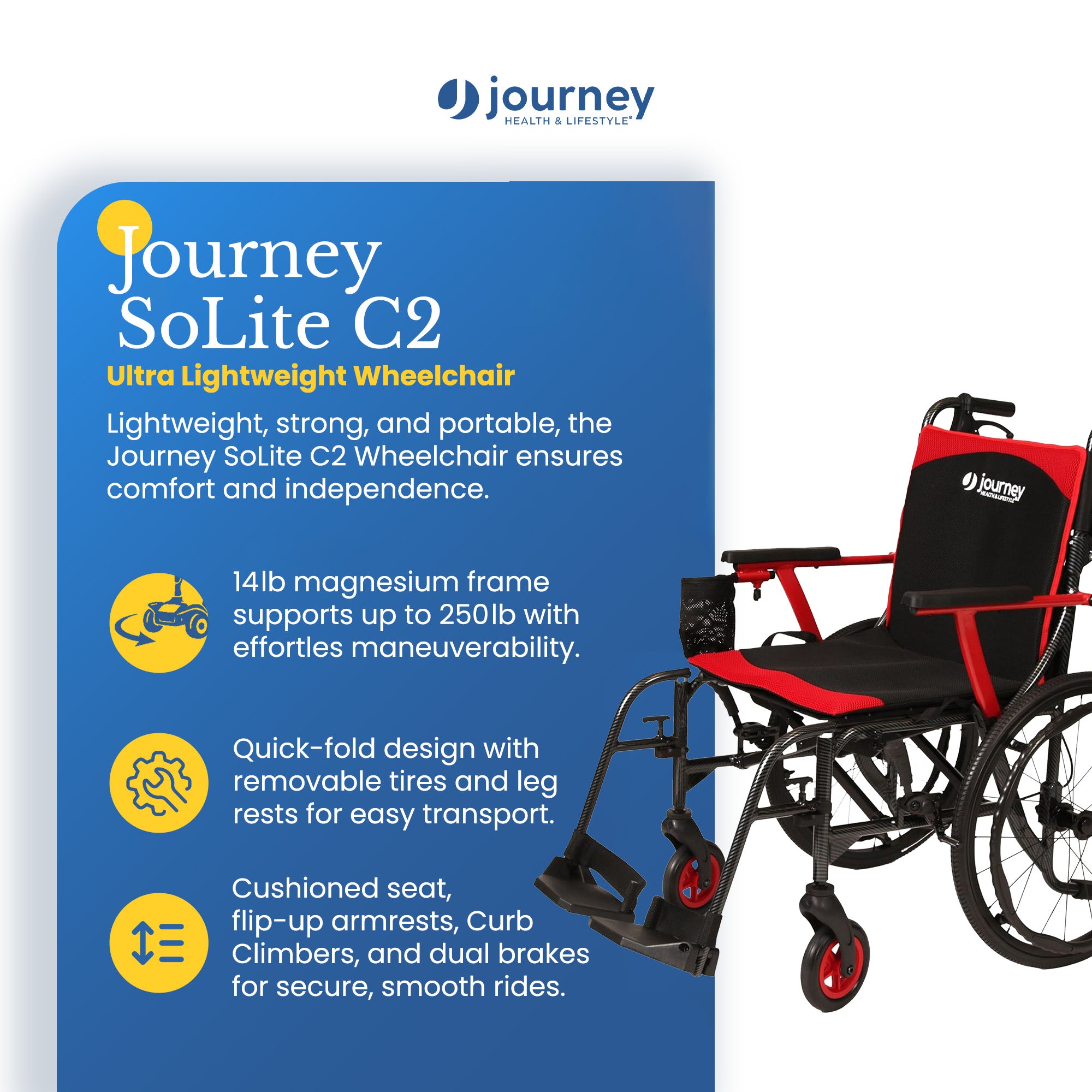 Journey SoLite C2 Ultra Lightweight Wheelchair, Foldable Manual Chair, Red