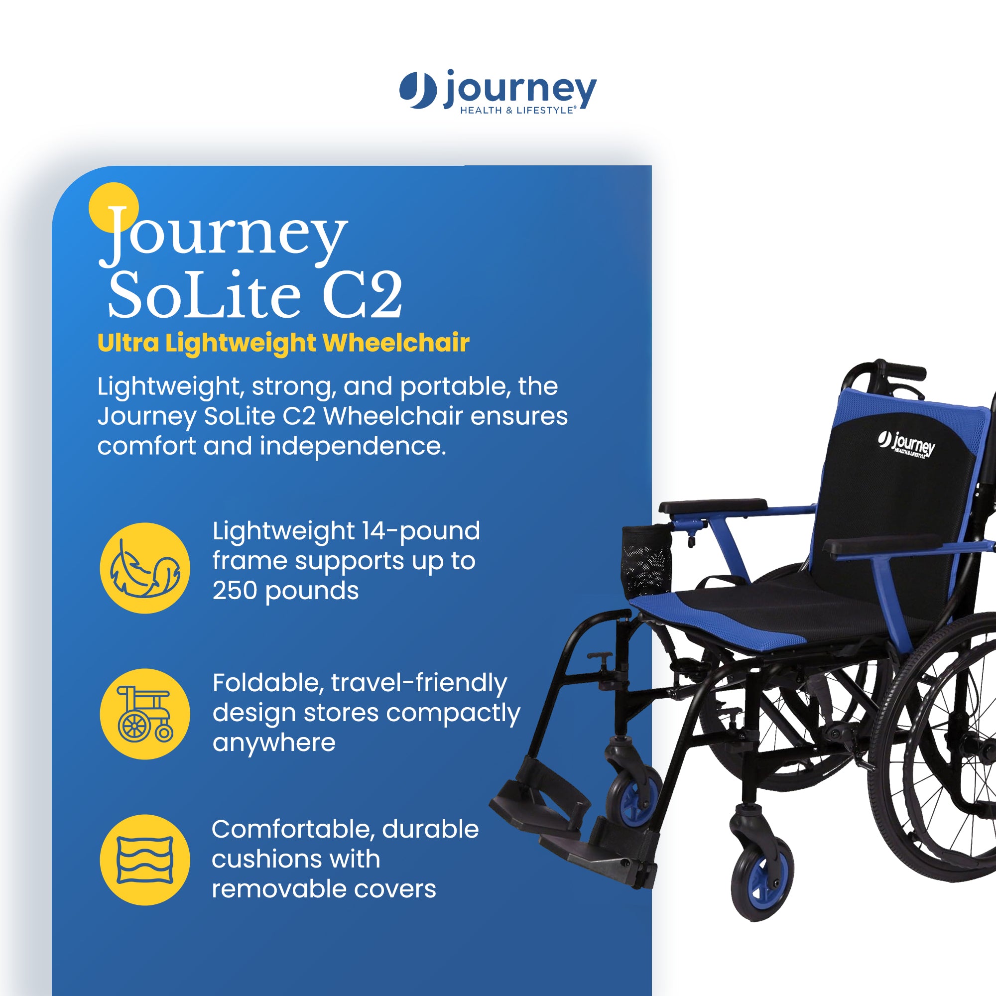 Journey SoLite C2 Ultra Lightweight Wheelchair, Foldable Manual Chair, Blue