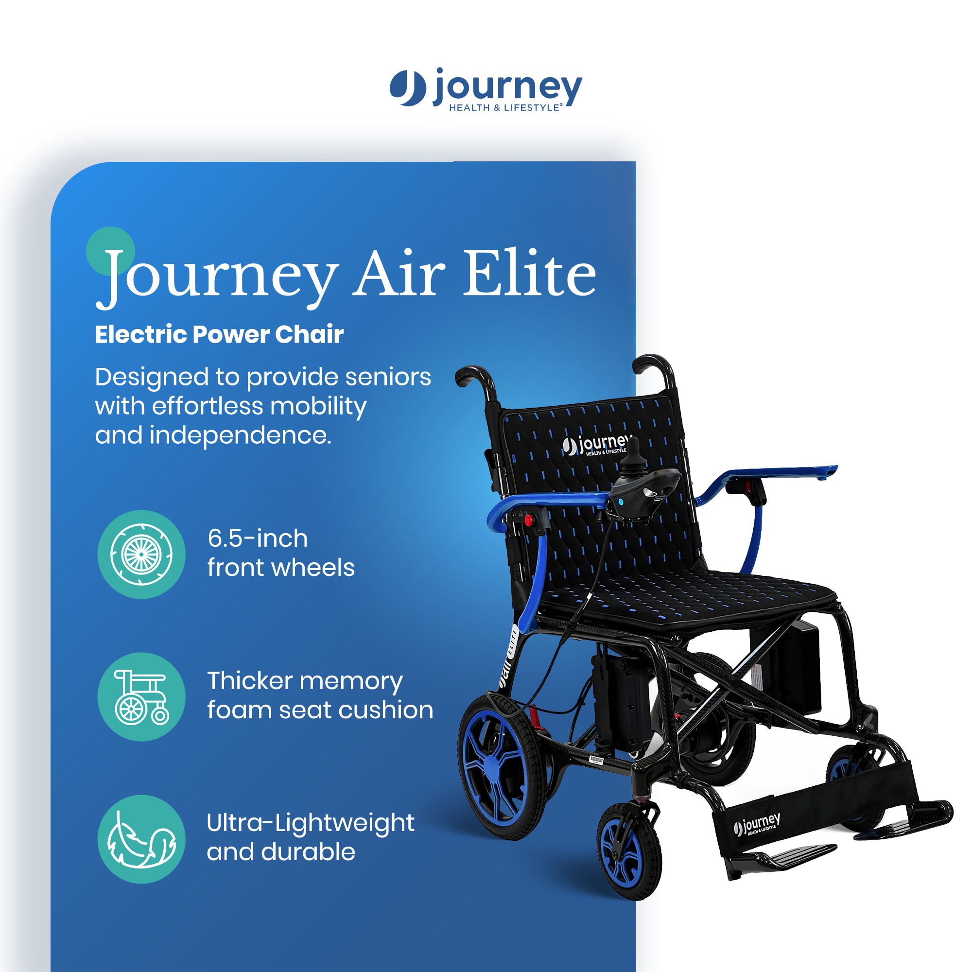 Journey Air Elite Lightweight Foldable Electric Power Chair for Adults, Blue - VMInnovations