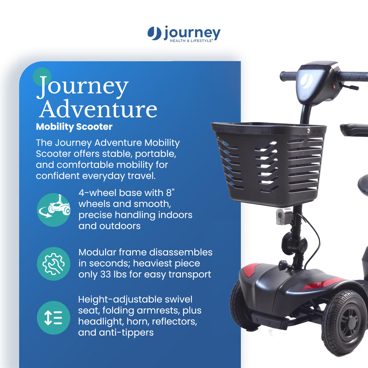 Journey Adventure Mobility Scooter, Electric Motorized Travel Scooter, Red
