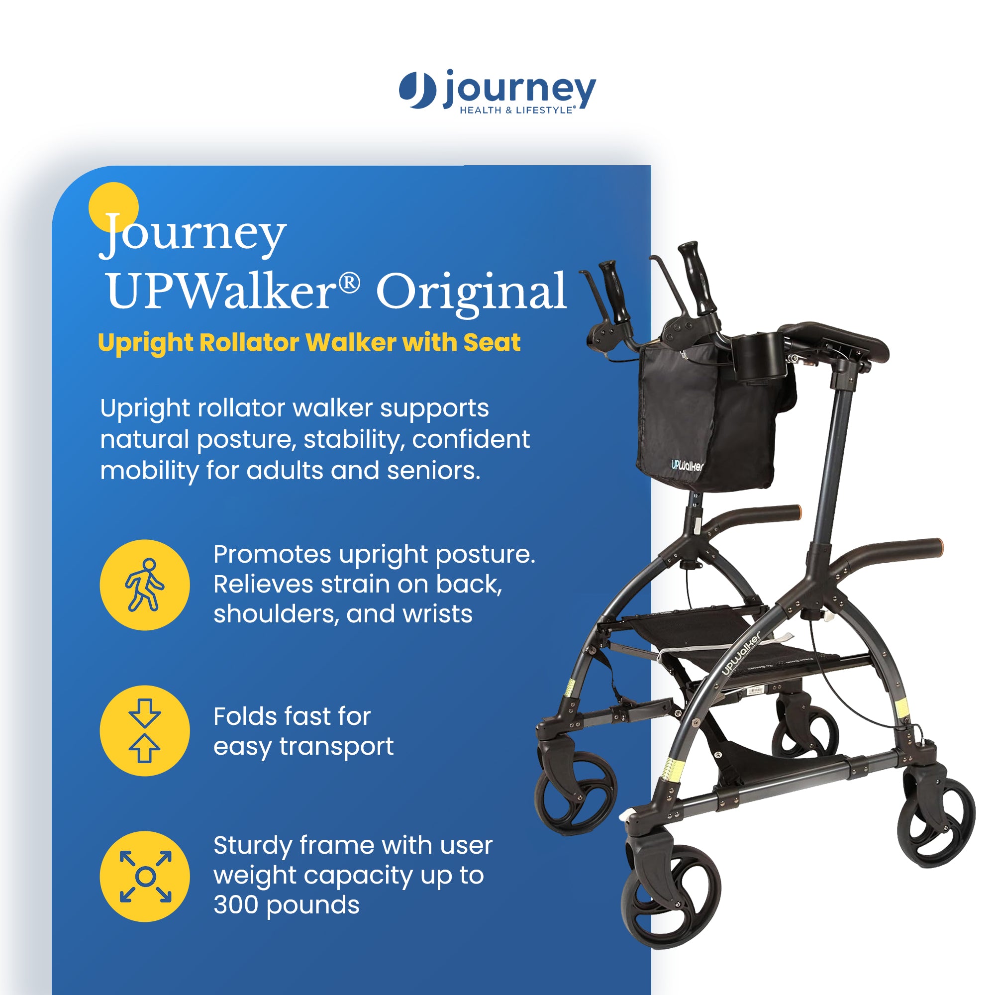 LifeWalker UPWalker Original Upright Rollator Walker with Seat for Seniors - VMInnovations