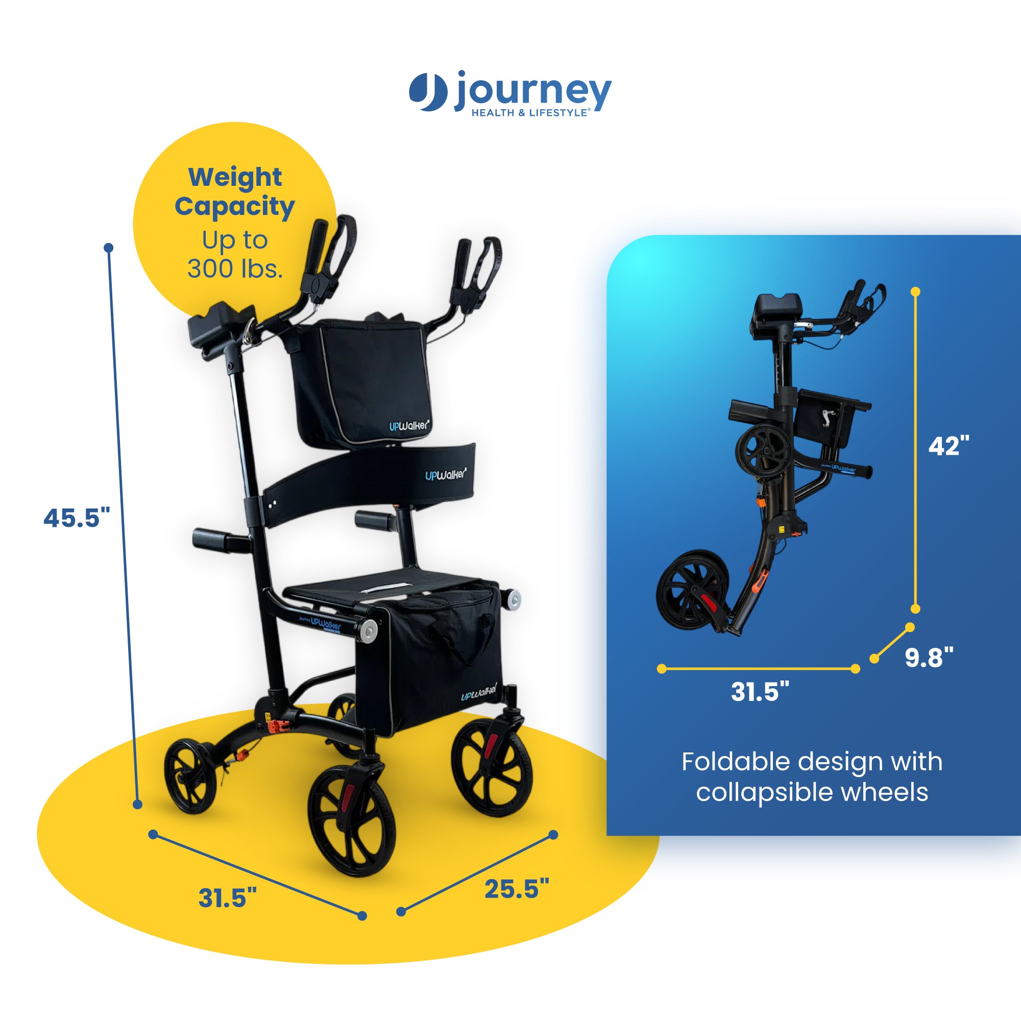 Journey Upright Foldable Walker for Seniors with 10" Front Wheels, and Lights - VMInnovations