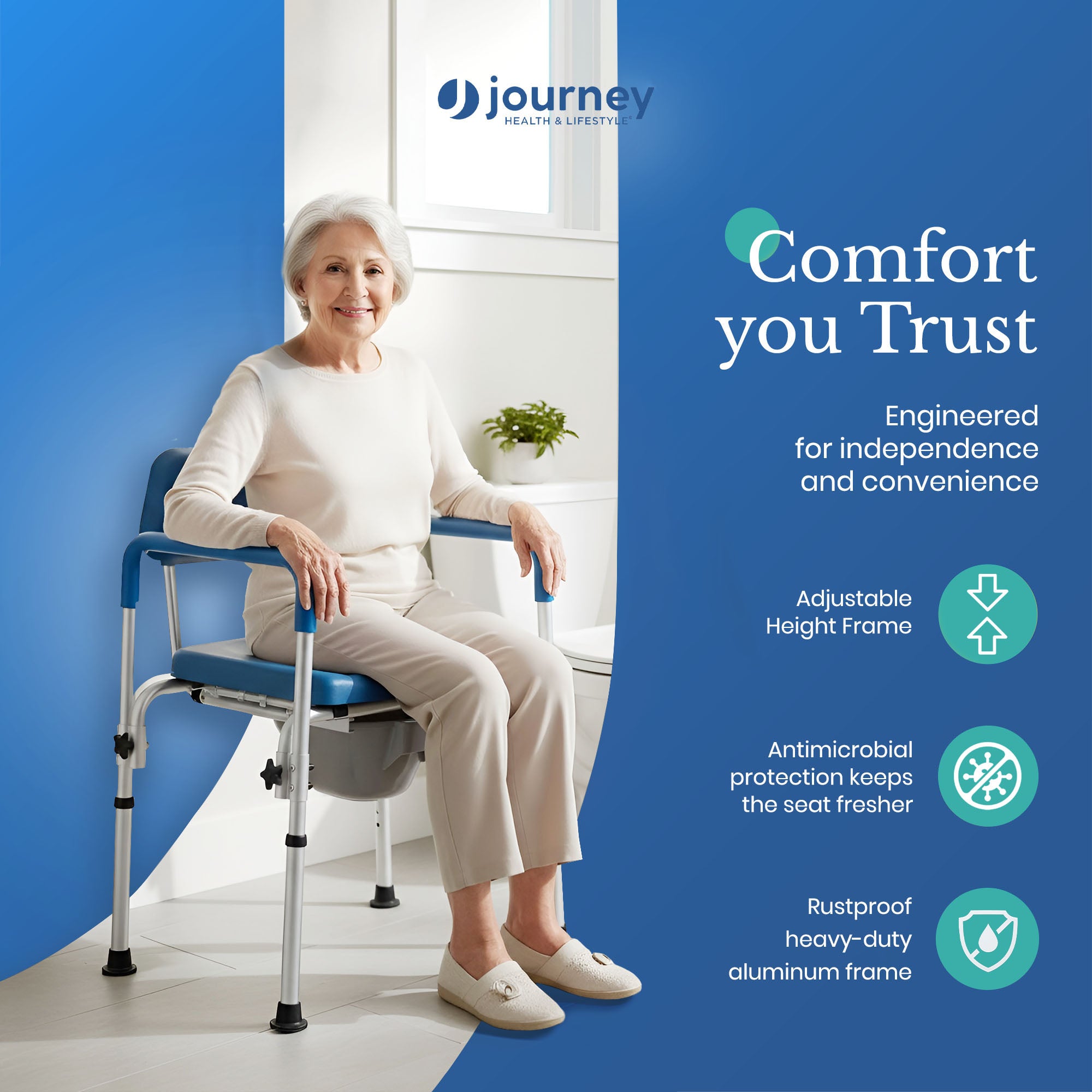 Journey 3-in-1 Commode, Bathroom Bedside Elevated Toilet Seat & Shower Chair - VMInnovations