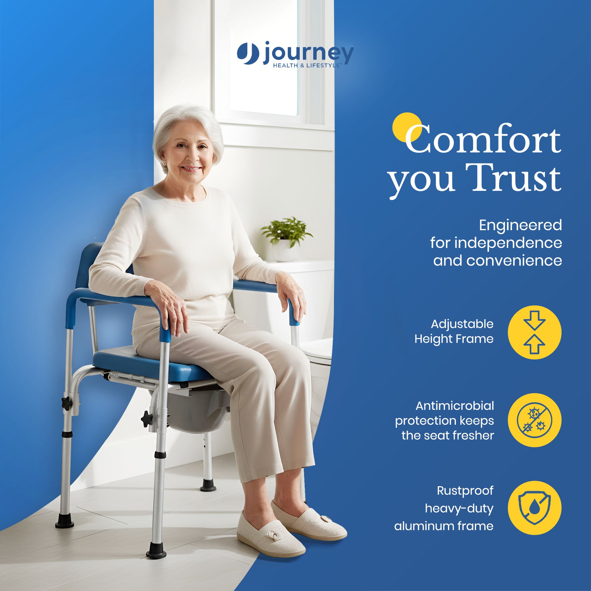 Journey 3-in-1 Commode, Bathroom Bedside Elevated Toilet Seat & Shower Chair - VMInnovations