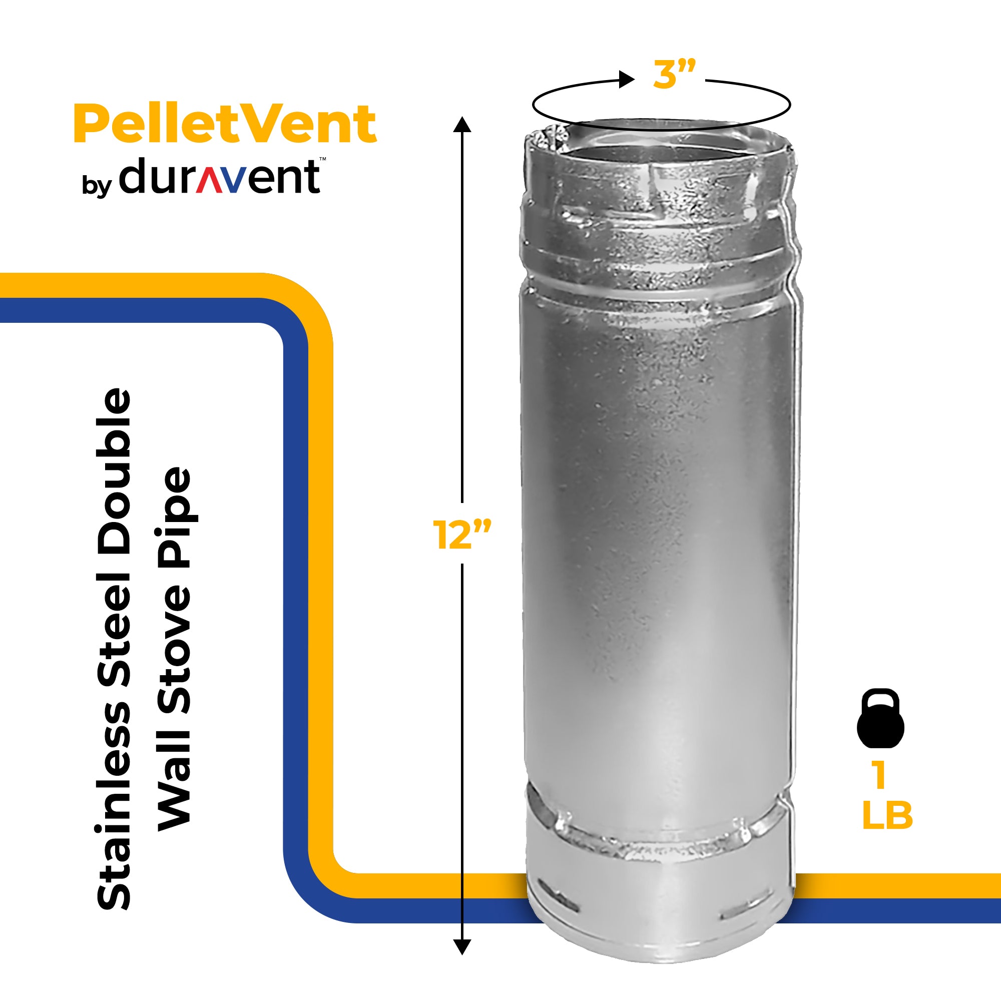 DuraVent PelletVent 12" L x 3" Diameter Double Wall Straight Steel Stove Pipe - VMInnovations
