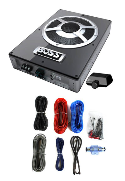 BOSS BASS800 8" 800W Low Profile Amplified Subwoofer Sub +Boss KIT2 8 Ga Amp Kit