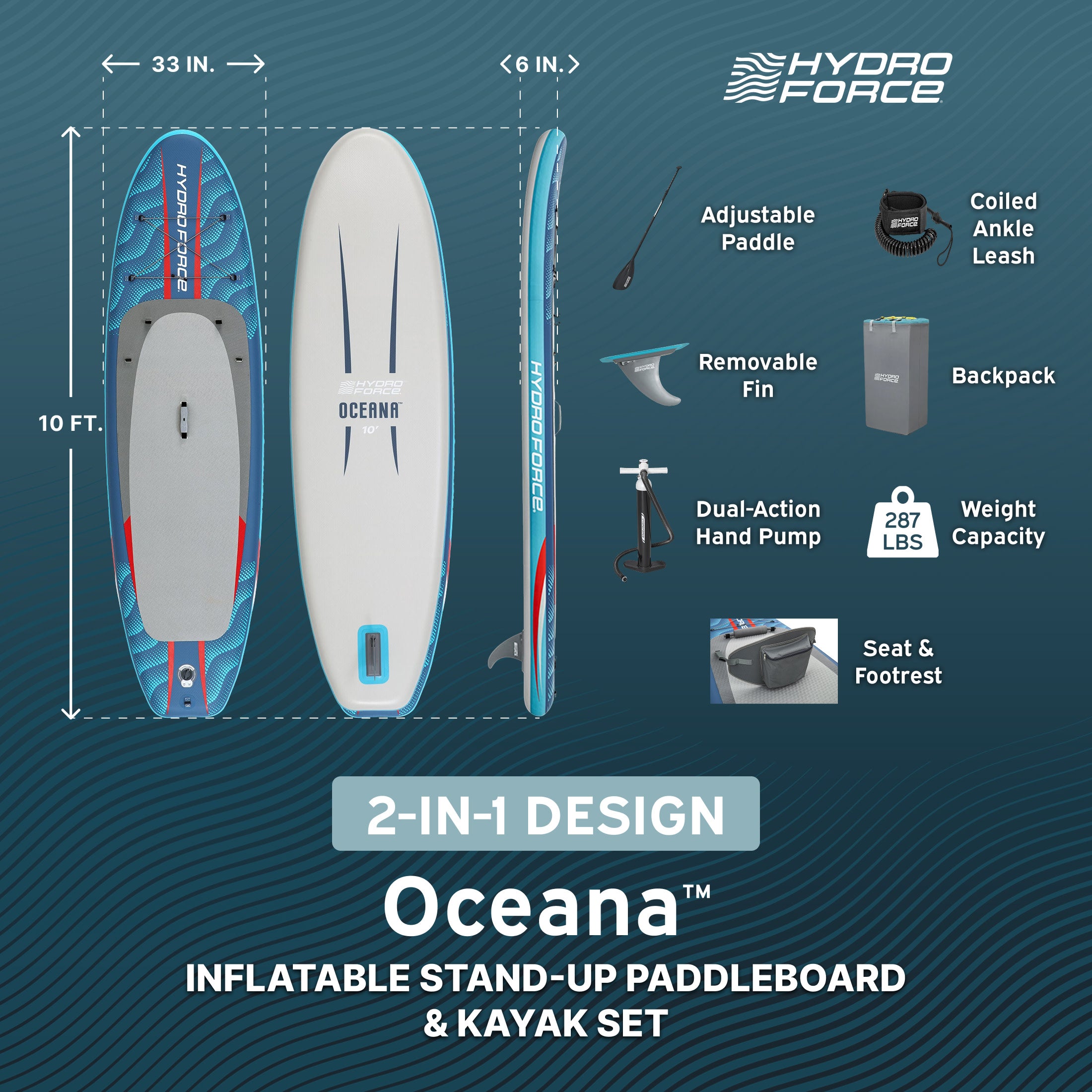 Hydro Force Oceana 10' Inflatable Stand-Up Paddle Board & Kayak Set, 2-in-1 SUP