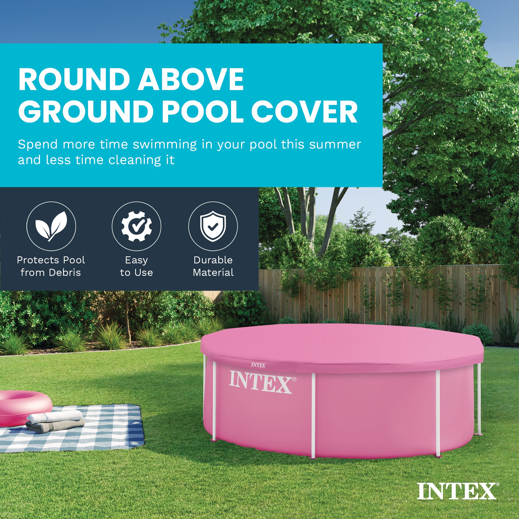 INTEX Round Metal Frame Outdoor Backyard Swimming Pool Debris Cover, Pink (Used) - VMInnovations