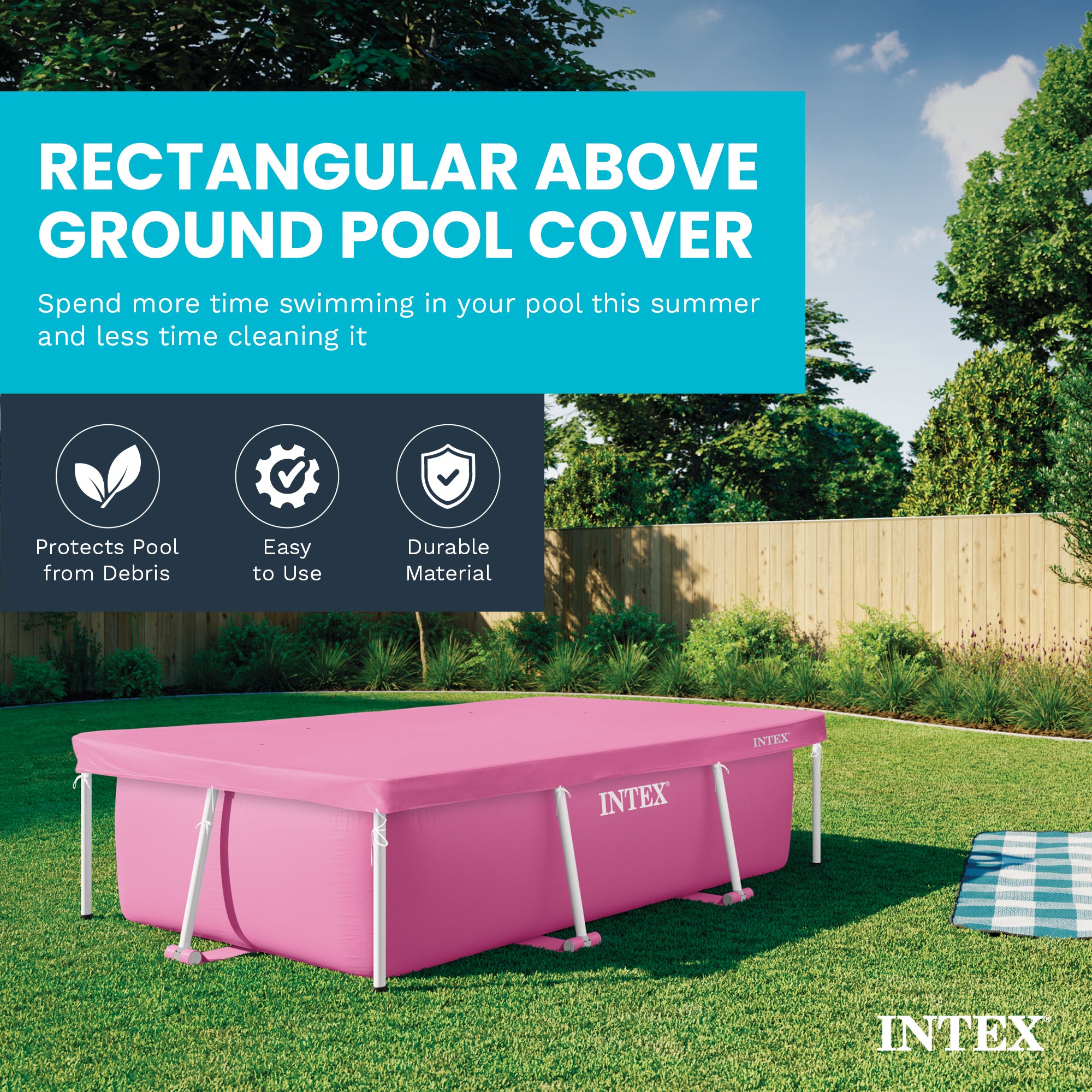 Intex 7' x 5' x 23.5" Metal Frame Above Ground Pool with Rectangular Cover, Pink