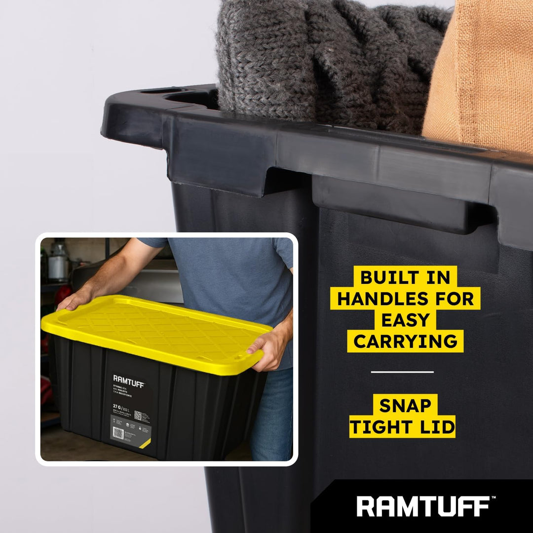 Ramtuff 4 Pack Heavy Duty Stackable Storage Container, Snap-Tight Lid, 27 Gallon