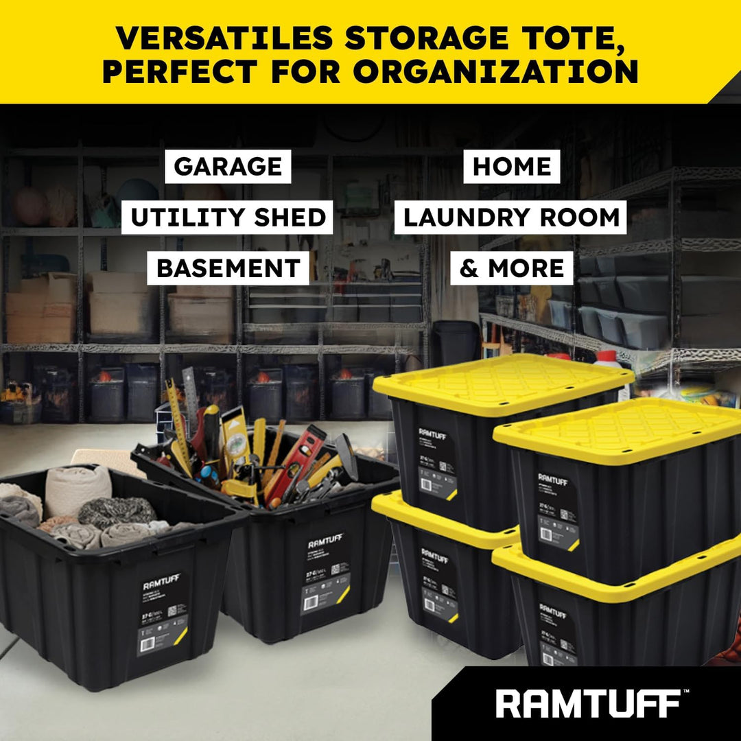 Ramtuff 4 Pack Heavy Duty Stackable Storage Container, Snap-Tight Lid, 27 Gallon