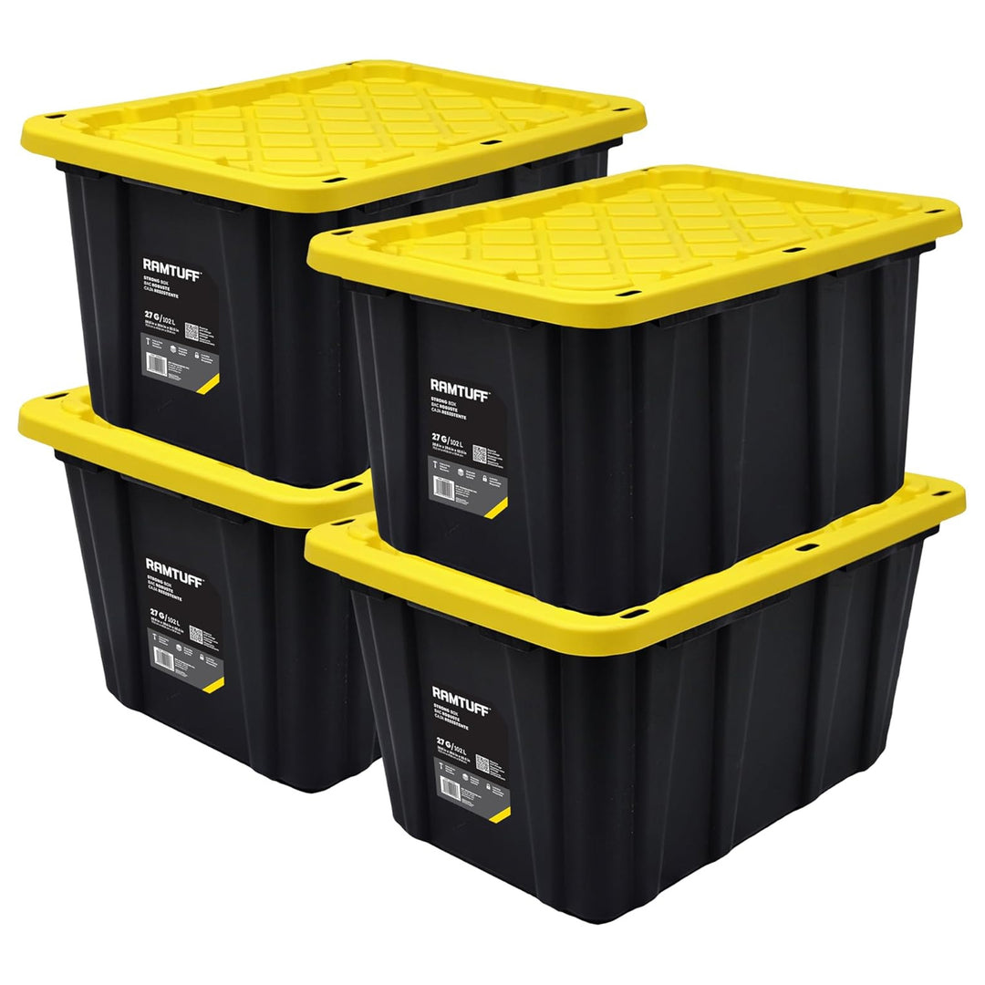 Ramtuff 4 Pack Heavy Duty Stackable Storage Container, Snap-Tight Lid, 27 Gallon