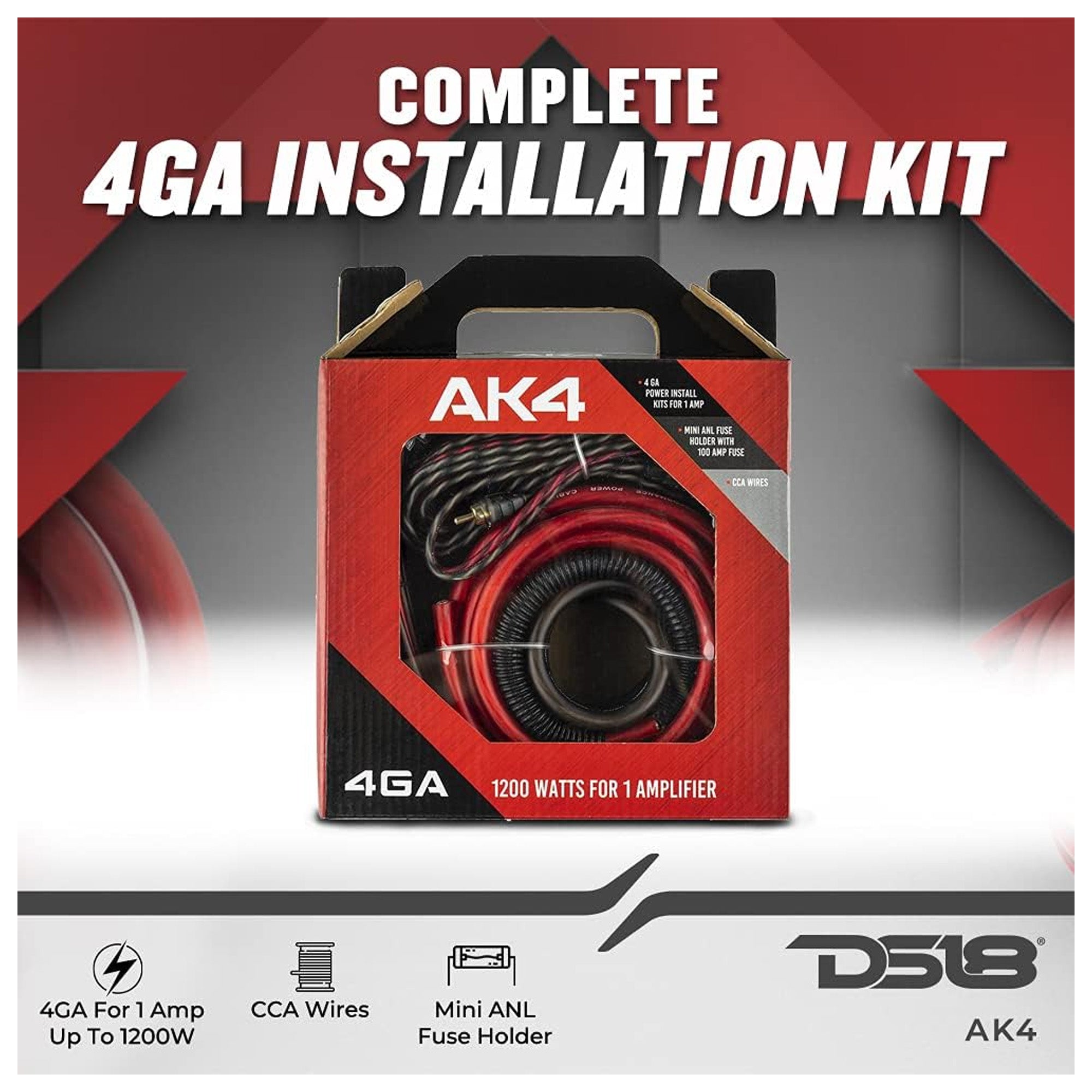 DS18 4 Gauge CCA Amplifier Complete Kit for Subs & Speakers, 1200W (Open Box)