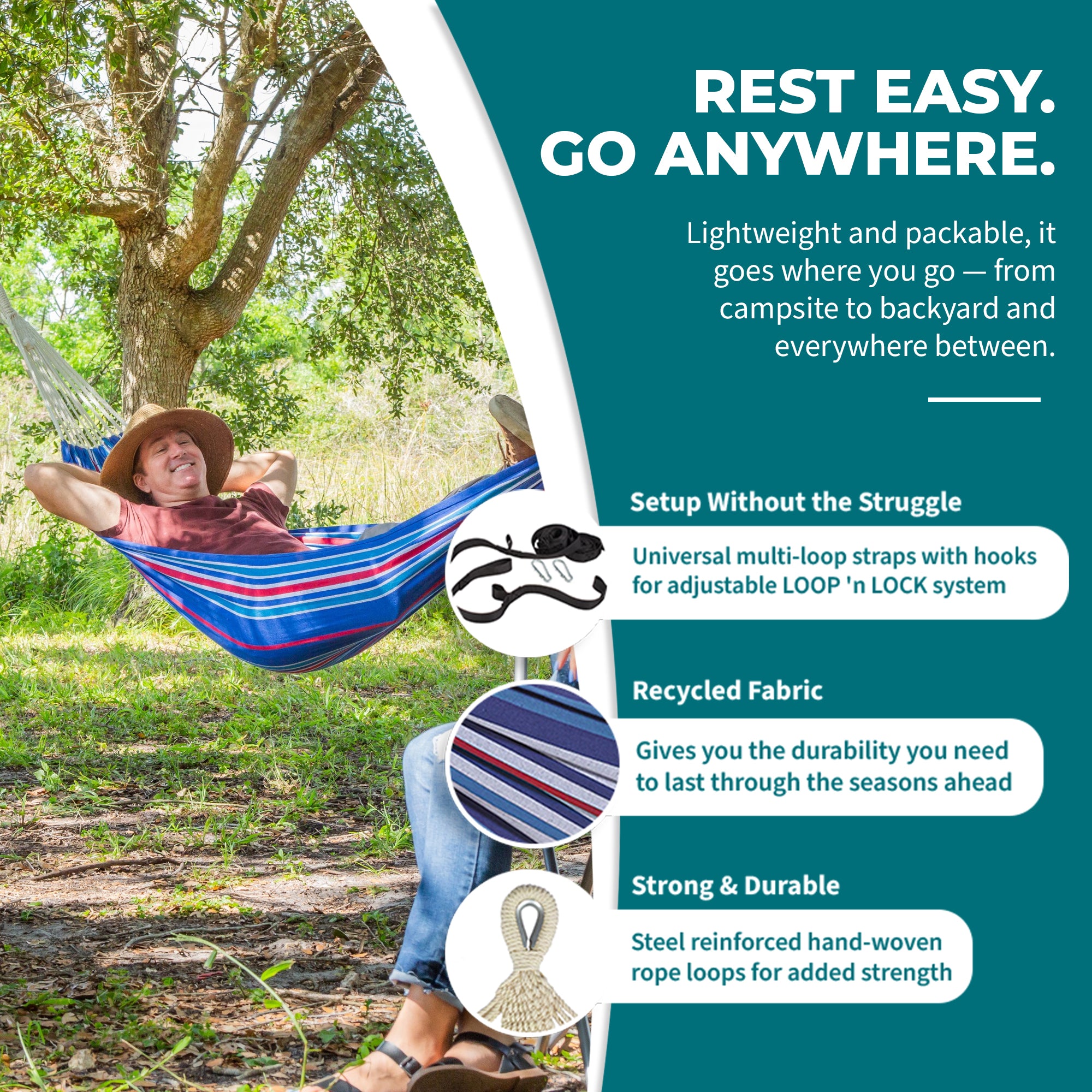 Bliss Hammocks Single Hammock with Rope Loops & Tree Straps, 220 lb, Patriot - VMInnovations