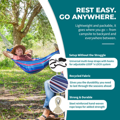 Bliss Hammocks Single Hammock with Rope Loops & Tree Straps, 220 lb, Patriot - VMInnovations