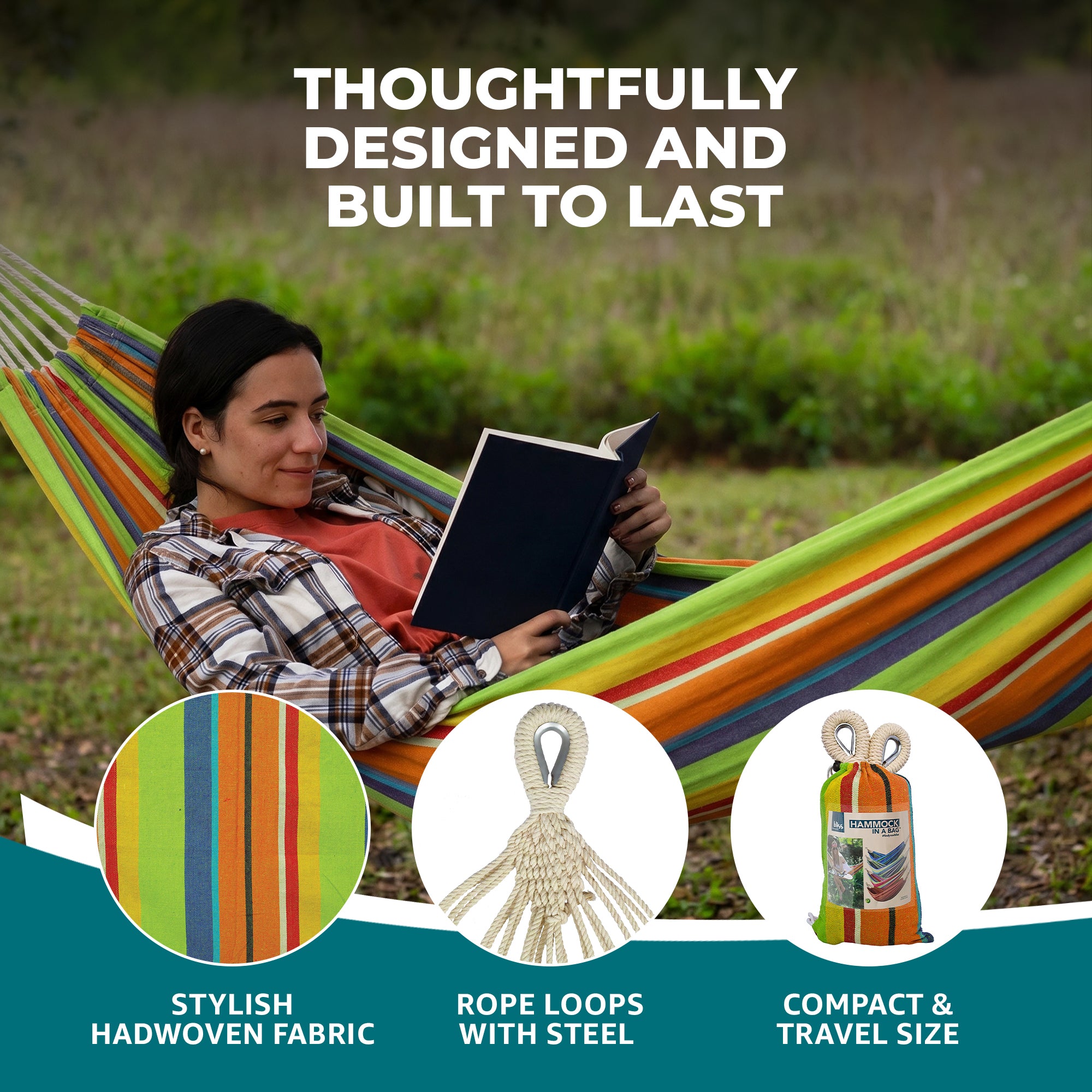 Bliss Hammocks Single Hammock with Rope Loops & Tree Straps, 220lb, Guacamole (Open Box)