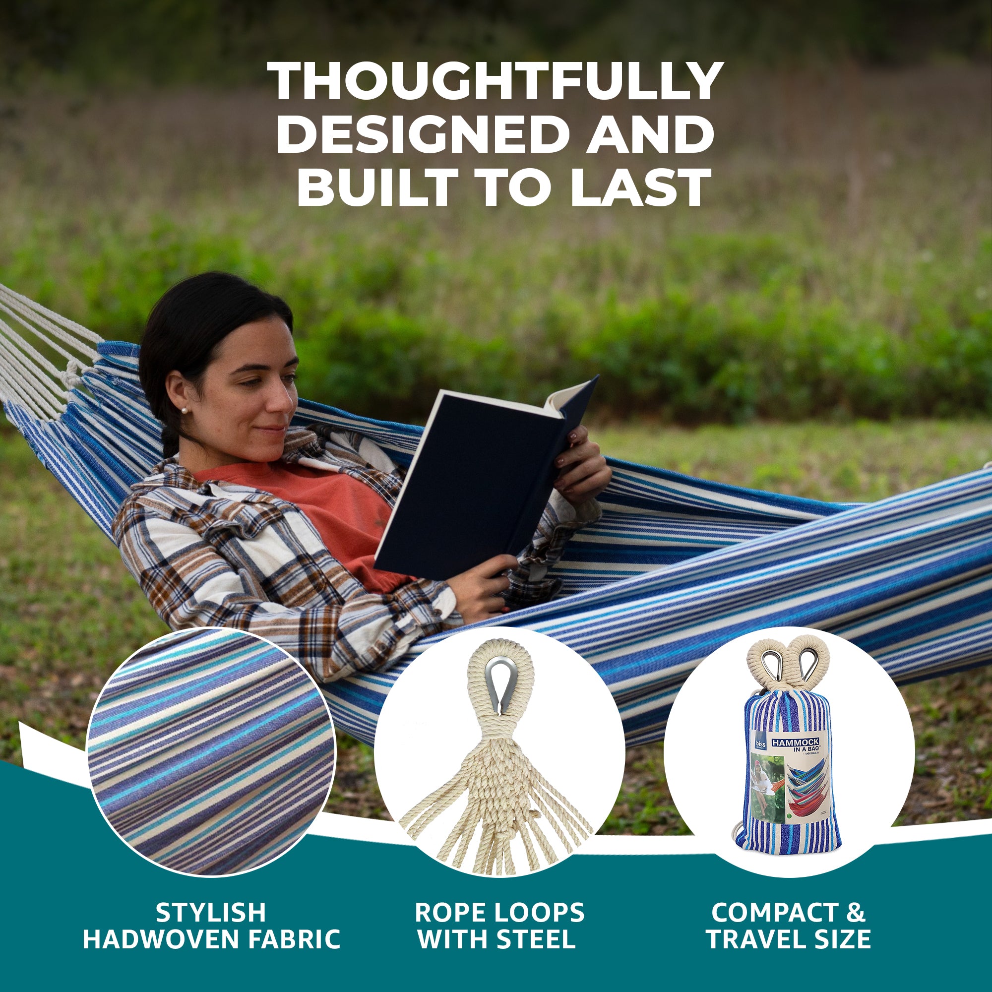 Bliss Hammocks Single Hammock with Rope Loops & Tree Straps, 220 lb, (Open Box)