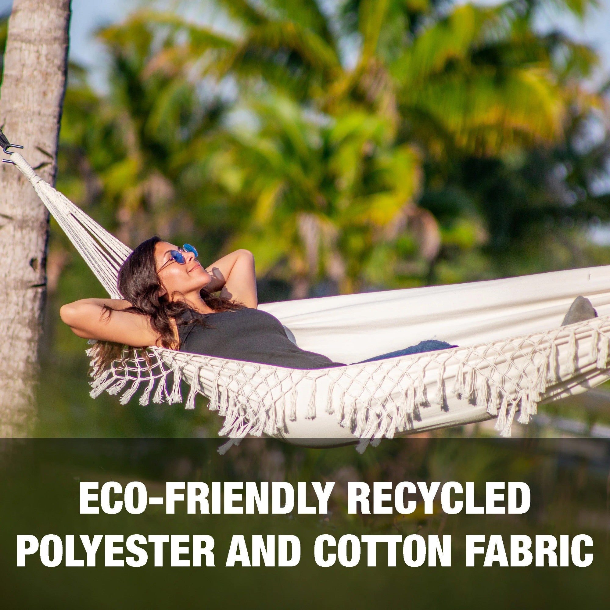 Bliss Hammocks Fringed Hammock w/ Rope Loops & Tree Straps, 250 lb, Natural - VMInnovations