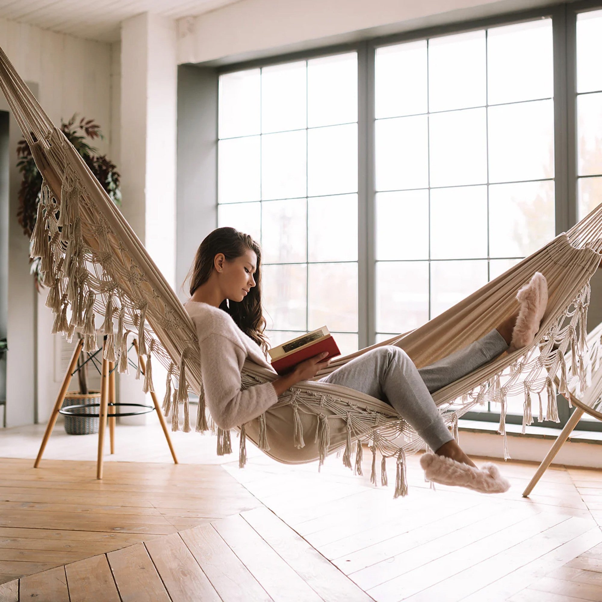 Bliss Hammocks Fringed Hammock w/ Rope Loops & Tree Straps, 250 lb, Natural - VMInnovations