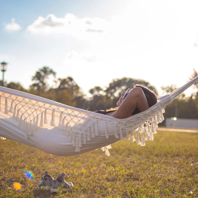 Bliss Hammocks Fringed Hammock w/ Rope Loops & Tree Straps, 250 lb, Natural - VMInnovations