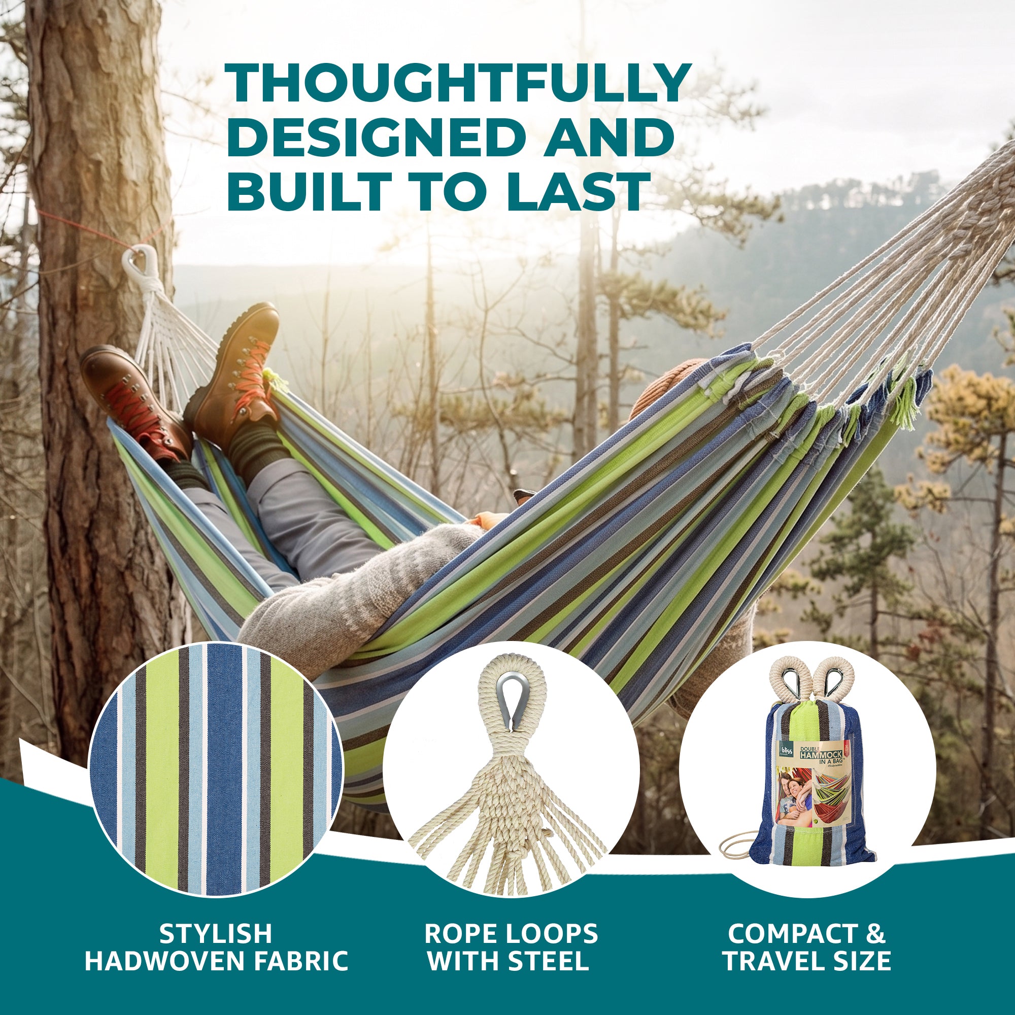 Bliss Hammocks Double Hammock with Rope Loops & Tree Straps, 265 lb, (Open Box)