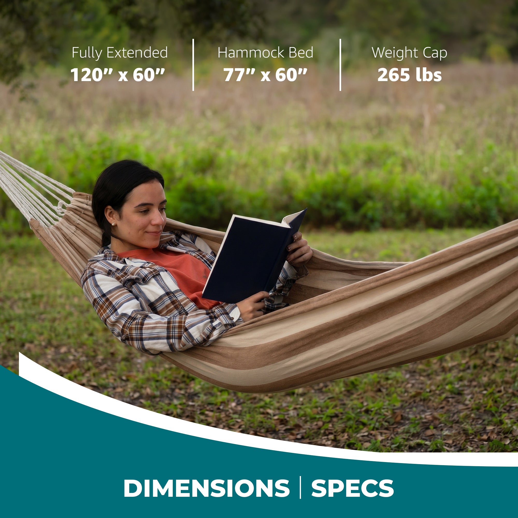Bliss Hammocks Double Hammock with Rope Loops & Tree Straps, 265 lb, Cappuccino - VMInnovations