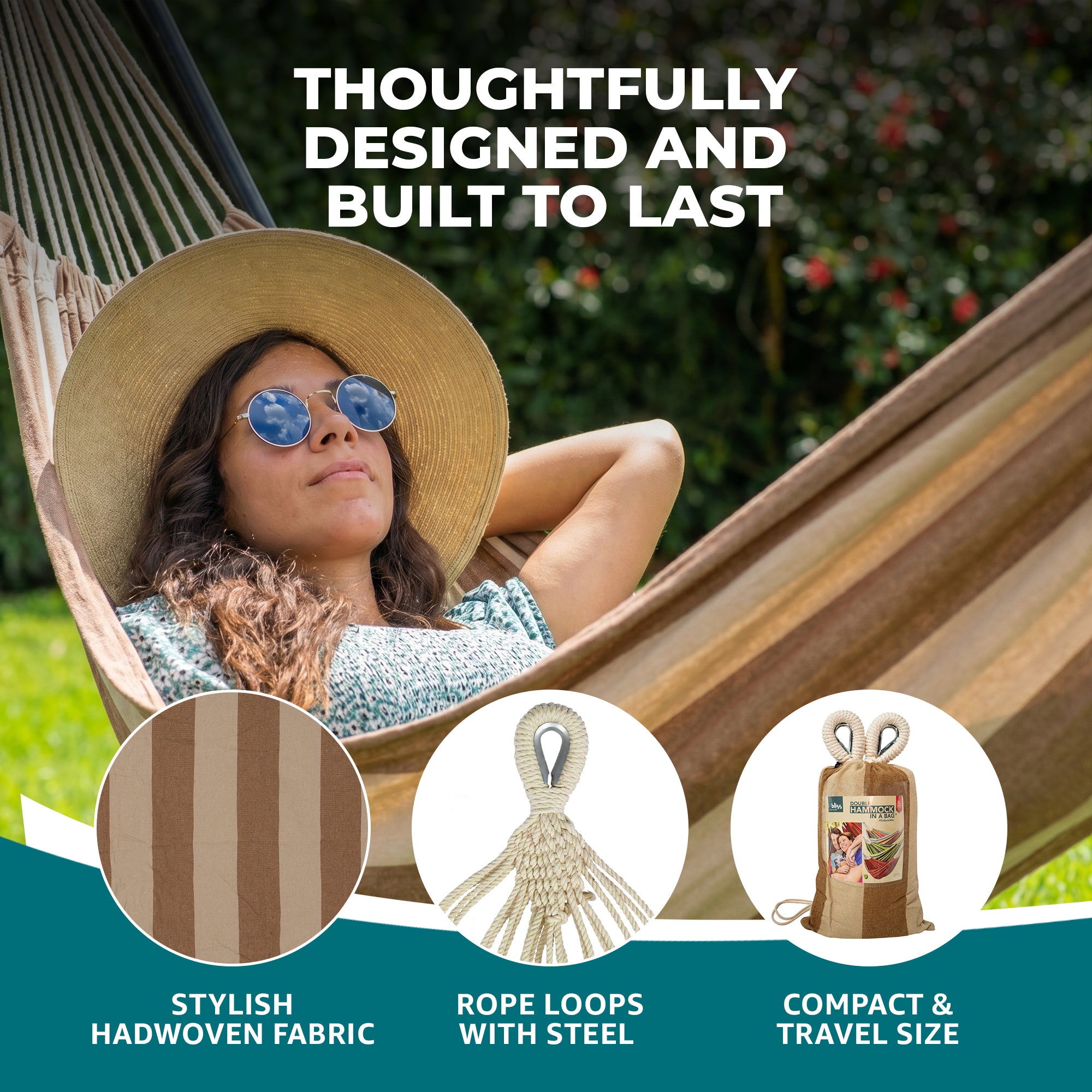 Bliss Hammocks Double Hammock with Rope Loops & Tree Straps, 265 lb, Cappuccino - VMInnovations